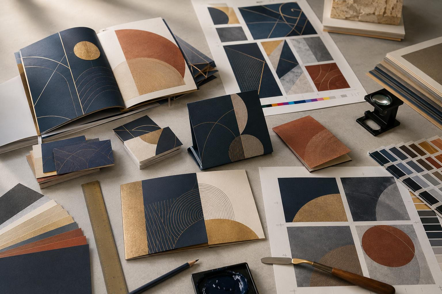 Commercial print pieces, color swatches and production proofs